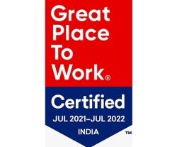 Badge certifying Youth4Jobs as 'Great Place to Work Certified for 2021-2022,' featuring red and blue colors.